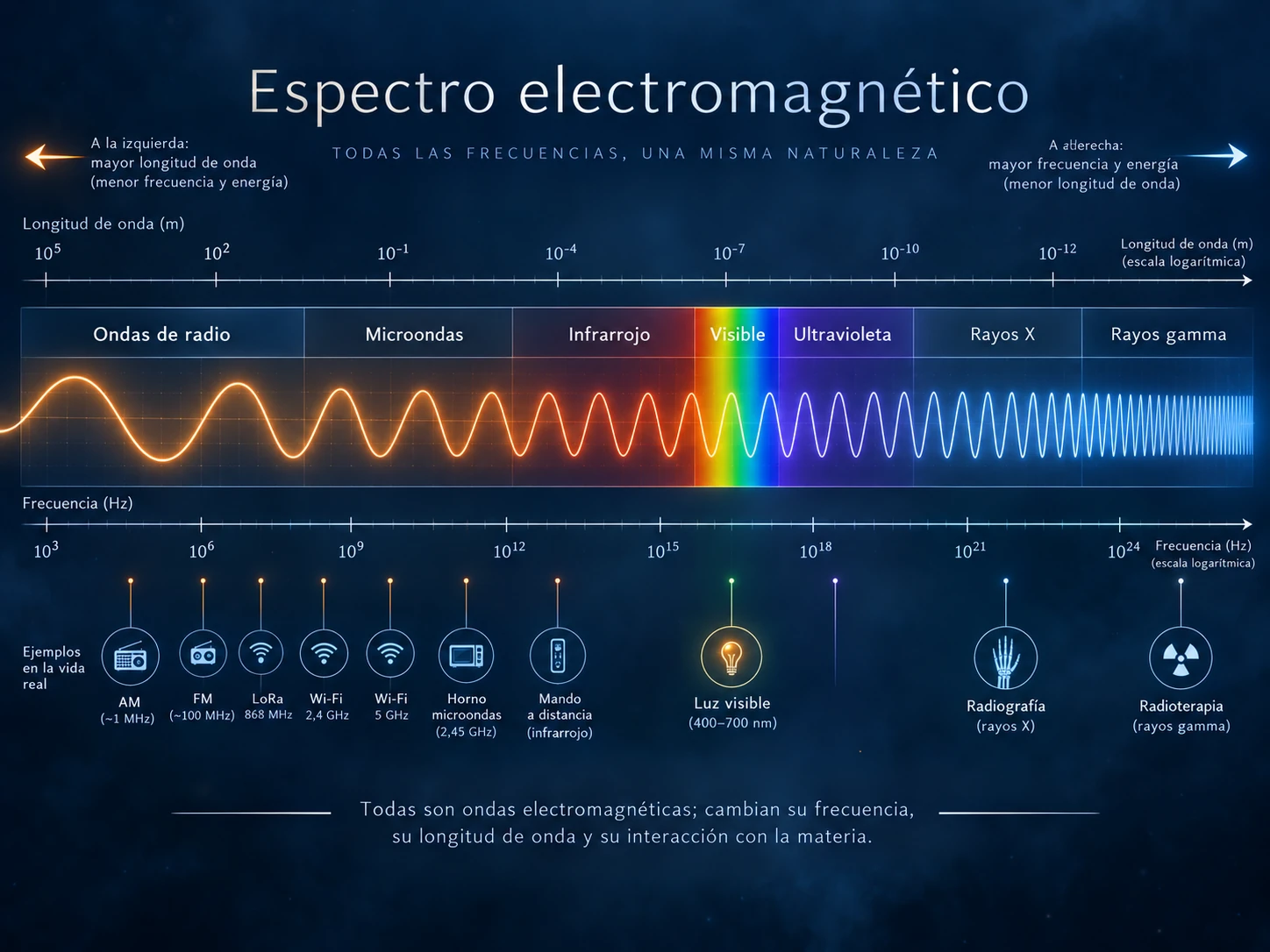 Espectro electromagnético desde ondas de radio hasta rayos gamma, con ejemplos de uso.