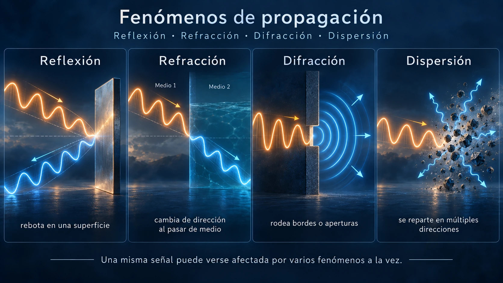 Resumen visual de reflexión, refracción, difracción y dispersión.