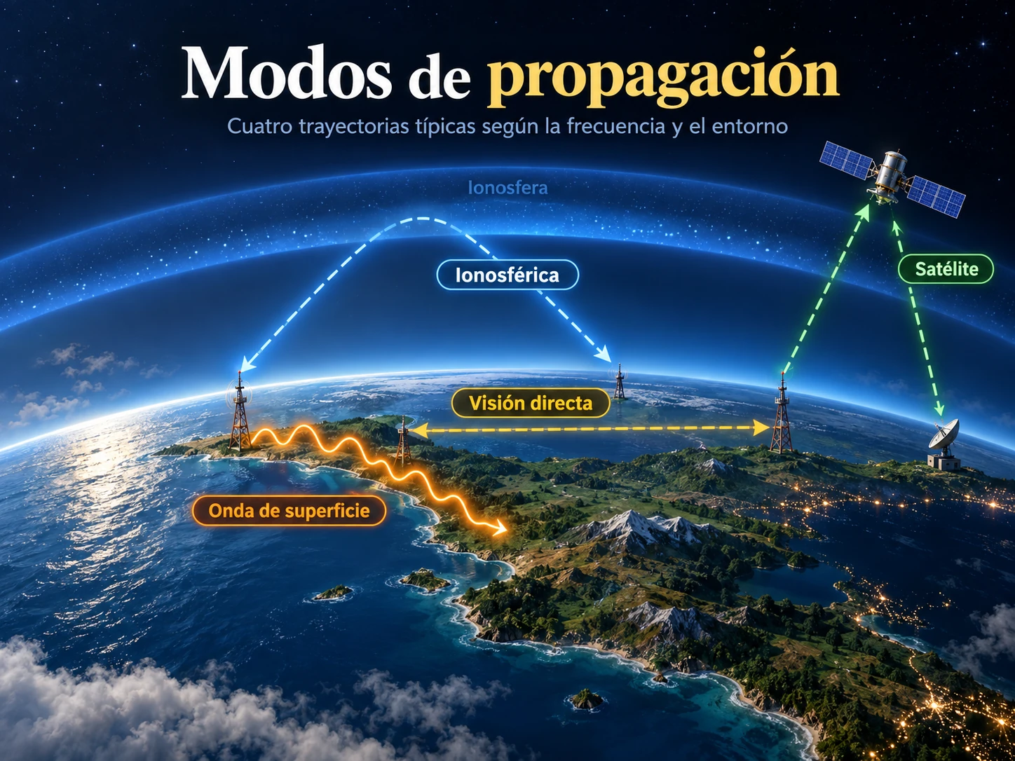 Modos principales de propagación radioeléctrica: superficie, ionosférica, visión directa y satélite.