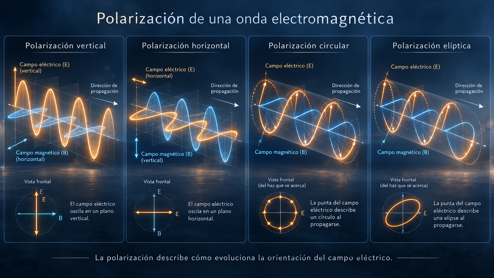 Comparación visual de polarización vertical, horizontal, circular y elíptica.