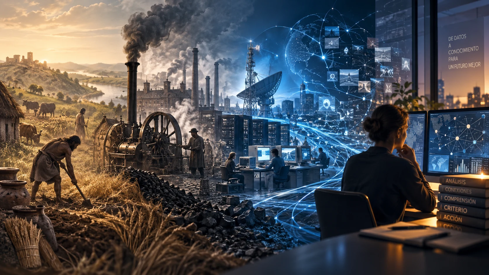 Composición editorial que conecta agricultura, industrialización, infraestructuras digitales y una persona trabajando con información y redes.