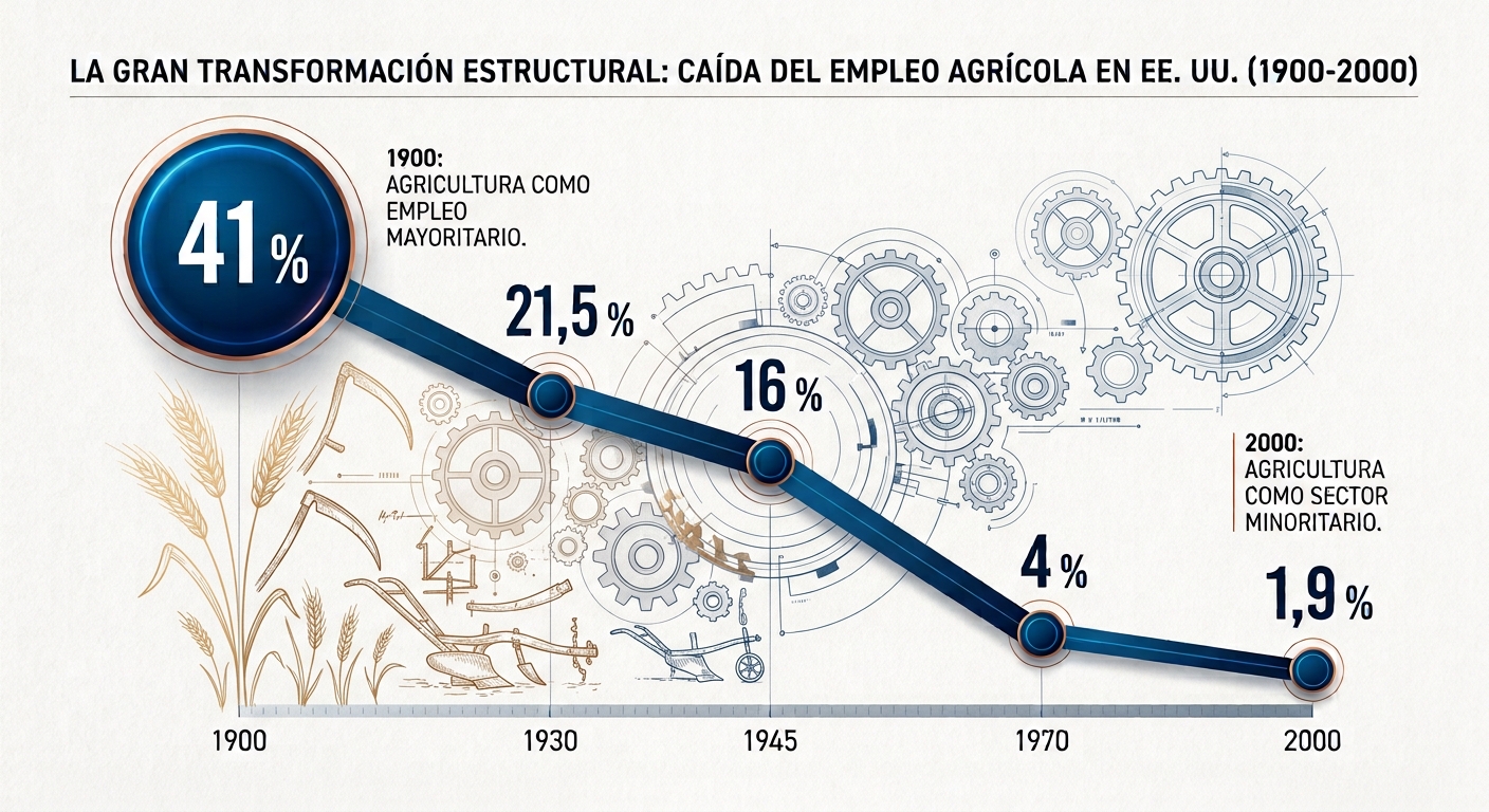 Gráfico editorial sobre la caída del empleo agrícola en Estados Unidos entre 1900 y 2000, desde el 41 % al 1,9 %.