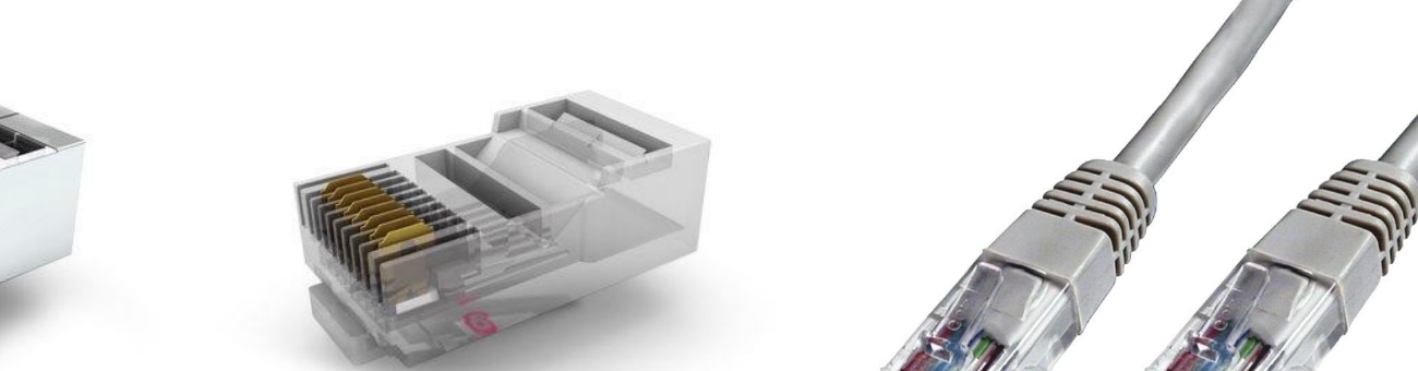 Conector modular de ocho contactos y latiguillos Ethernet terminados.