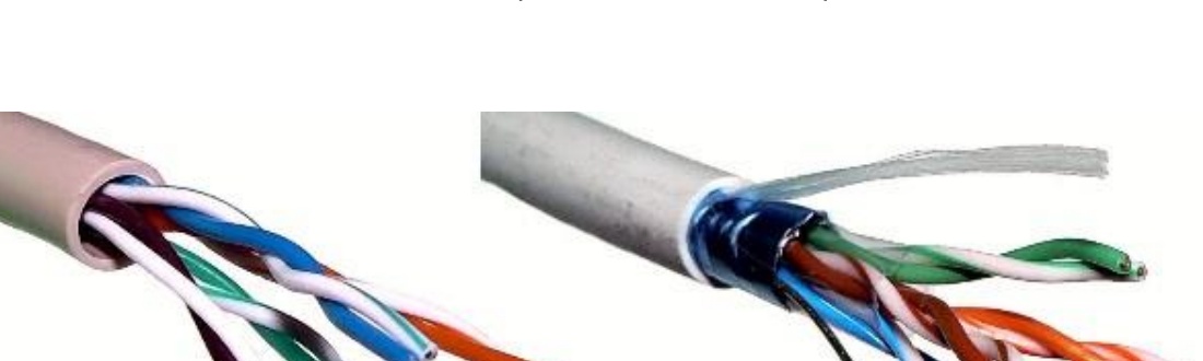 Cable de pares trenzados sin pantalla junto a otro con pantalla, con los pares de colores a la vista.