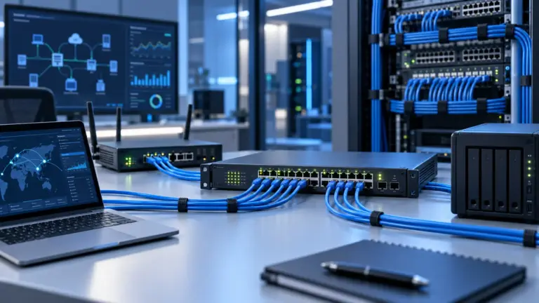 Laboratorio de redes con switch Ethernet, router, cableado estructurado, servidor NAS y paneles de supervisión.