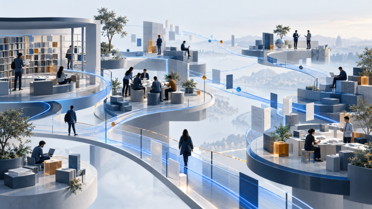 Personas y equipos trabajan en distintos espacios conectados por recorridos luminosos que representan la circulación del conocimiento entre personas, documentos y sistemas.