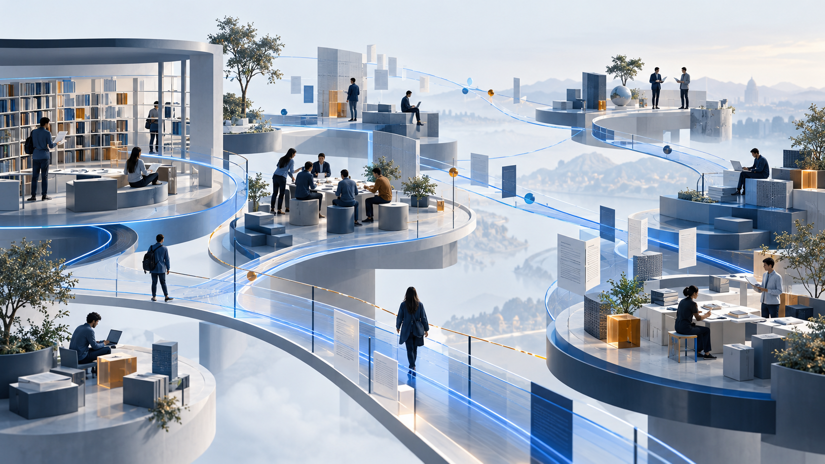 Personas y equipos trabajan en distintos espacios conectados por recorridos luminosos que representan la circulación del conocimiento entre personas, documentos y sistemas.