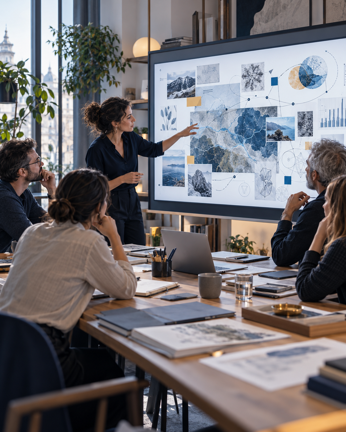 Grupo de personas compartiendo y analizando información frente a un gran panel visual, en una escena que sugiere conocimiento puesto en común y discutido colectivamente.