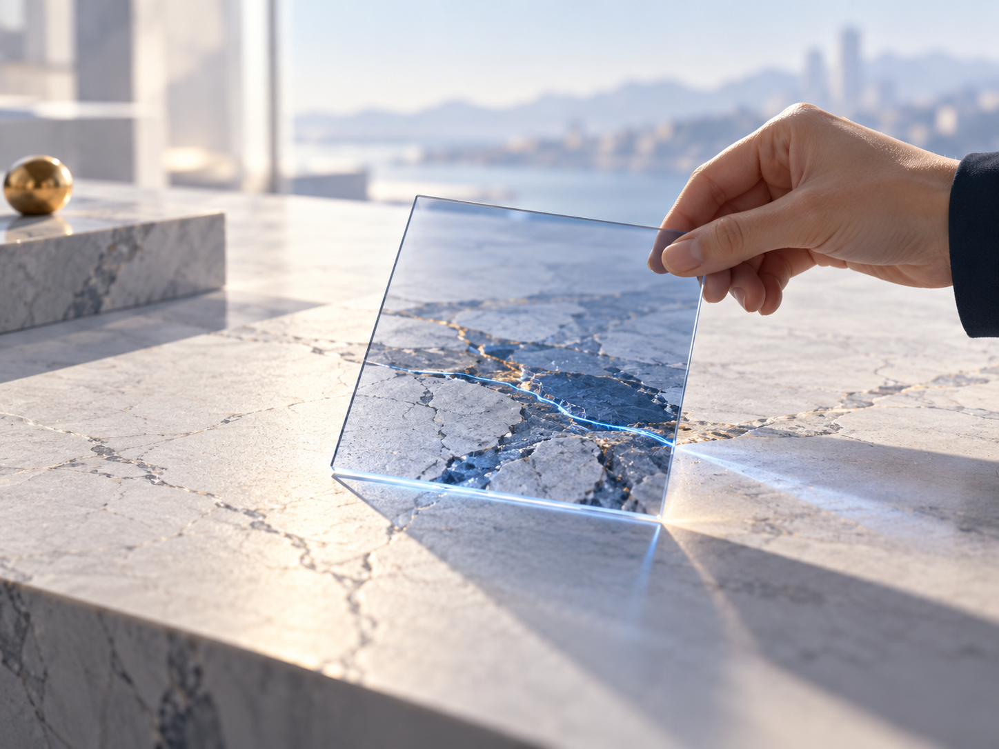 Una superficie transparente revela una fractura y un recorrido que apenas se perciben a simple vista, como metáfora de cómo el conocimiento previo permite detectar relaciones y detalles.