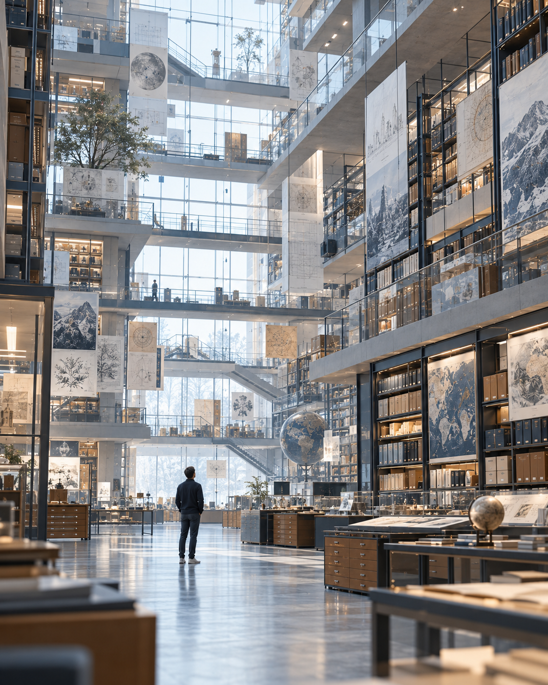 Gran biblioteca o archivo contemporáneo con una sola persona observando un entorno lleno de libros, documentos y conocimiento acumulado.