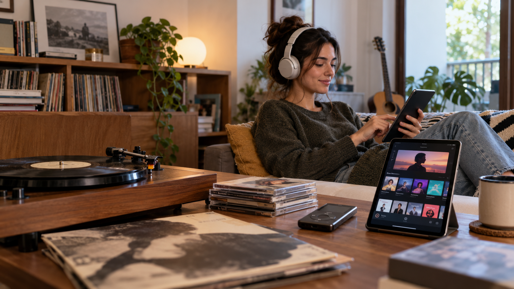 Una mujer escucha música con auriculares en casa, rodeada de un tocadiscos, discos físicos y dispositivos digitales.