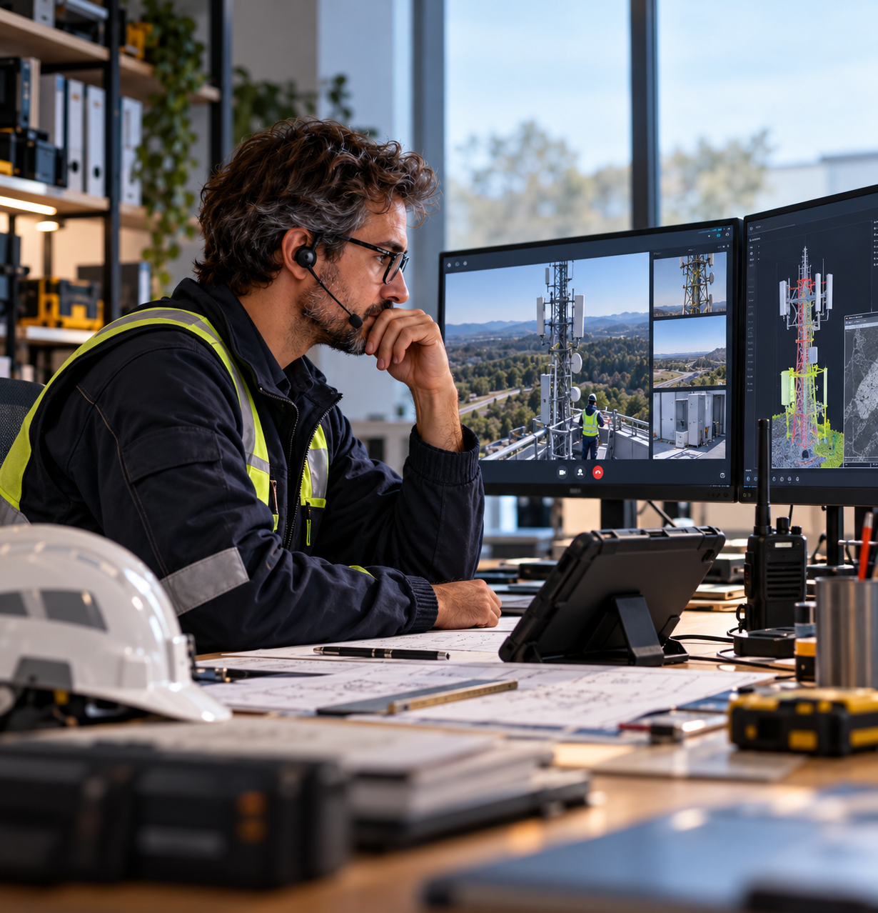 Profesional técnico trabajando con información especializada y varias fuentes visuales, en una escena que sugiere especialización conectada con otros conocimientos.