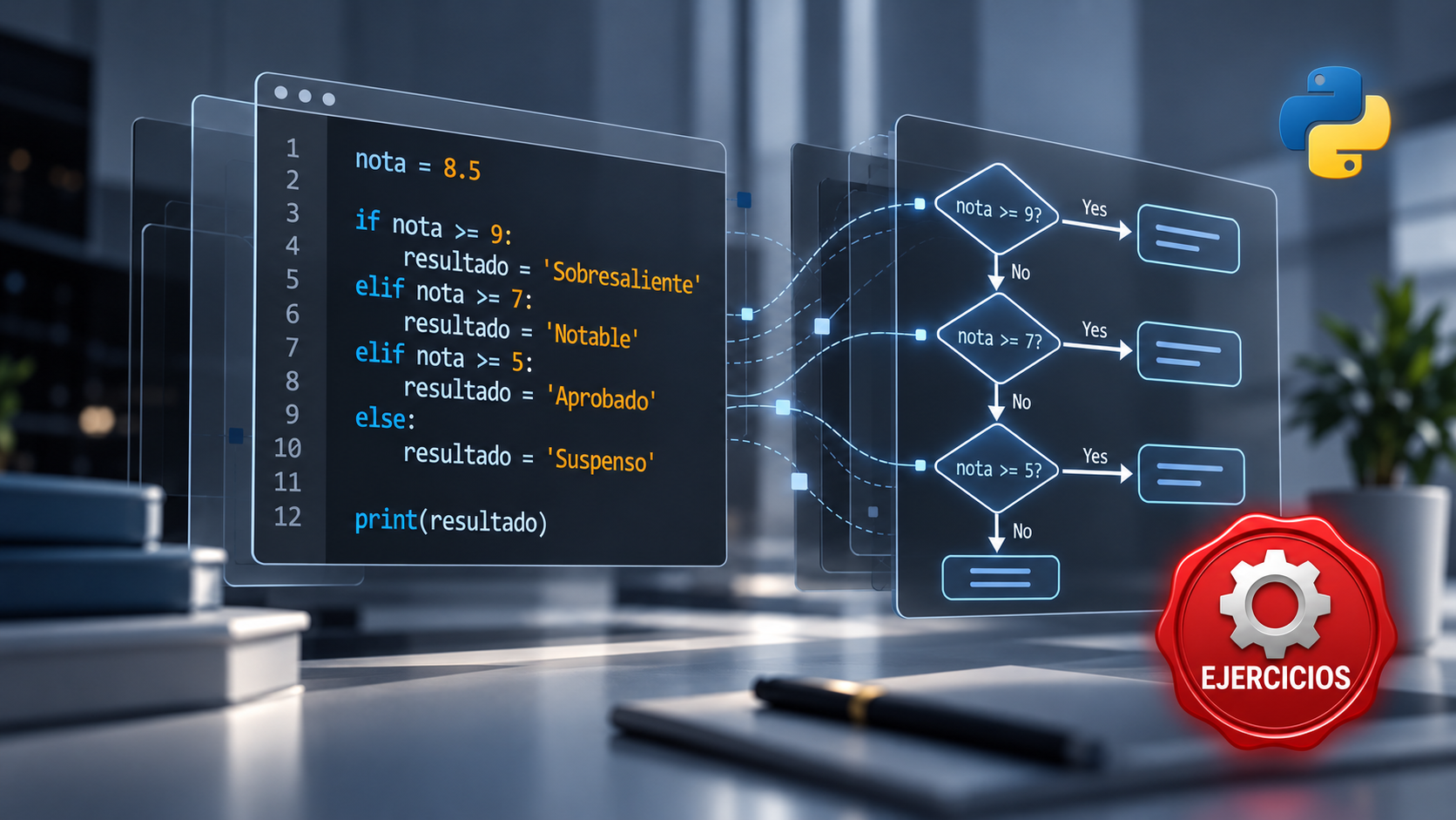 Imagen destacada de los ejercicios interactivos de Python sobre estructuras condicionales, con logotipo de Python y distintivo de ejercicios.