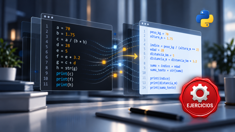 Imagen destacada de los ejercicios interactivos de Python sobre variables, tipos de datos, operadores y entrada/salida, con logotipo de Python y distintivo de ejercicios.