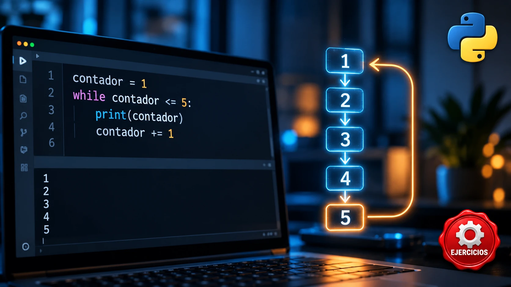 Ejercicios interactivos de bucles while en Python, con código en editor oscuro, esquema de iteraciones y sello rojo «EJERCICIOS».