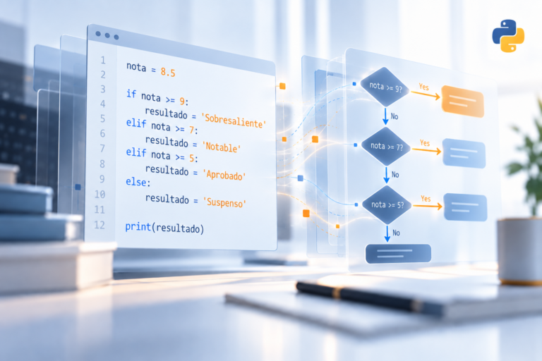 Representación editorial de código Python con estructuras condicionales y un diagrama de decisiones, con el logotipo de Python.