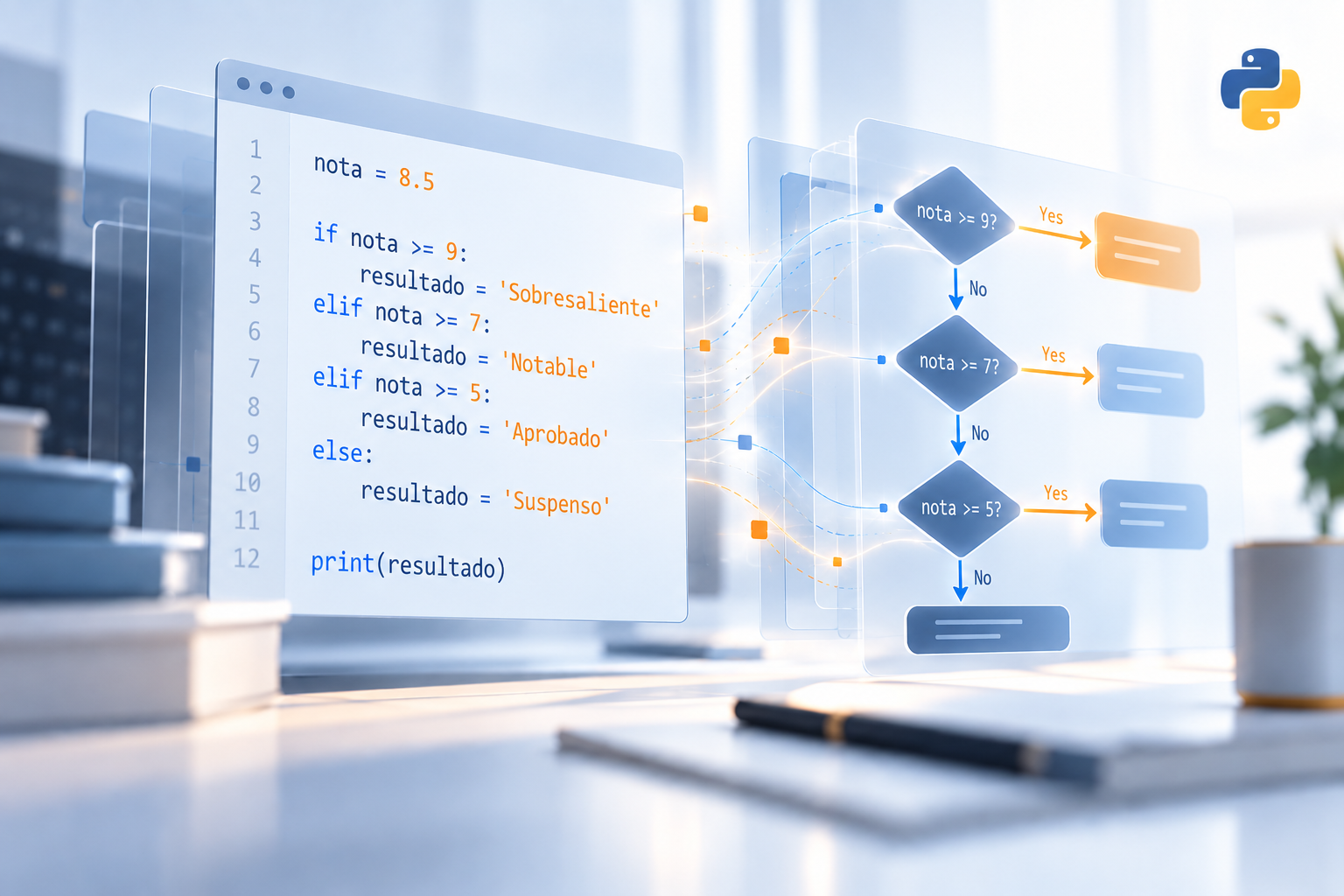 Representación editorial de código Python con estructuras condicionales y un diagrama de decisiones, con el logotipo de Python.