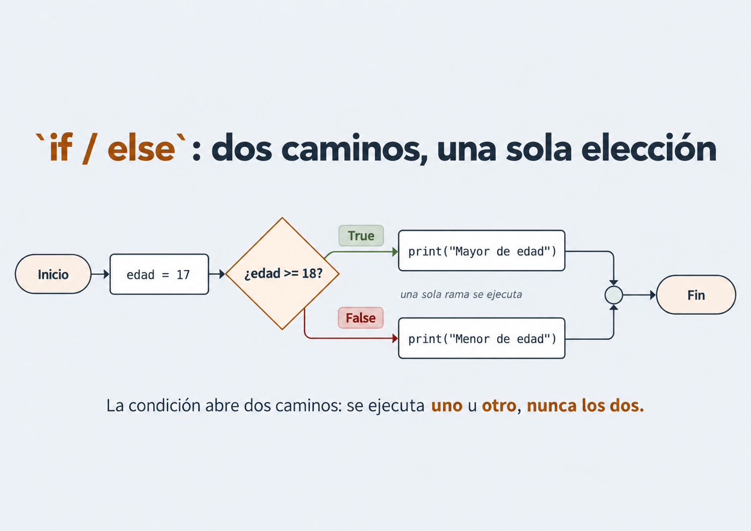 Flujograma de una estructura if else en Python con dos ramas mutuamente excluyentes que se vuelven a unir.