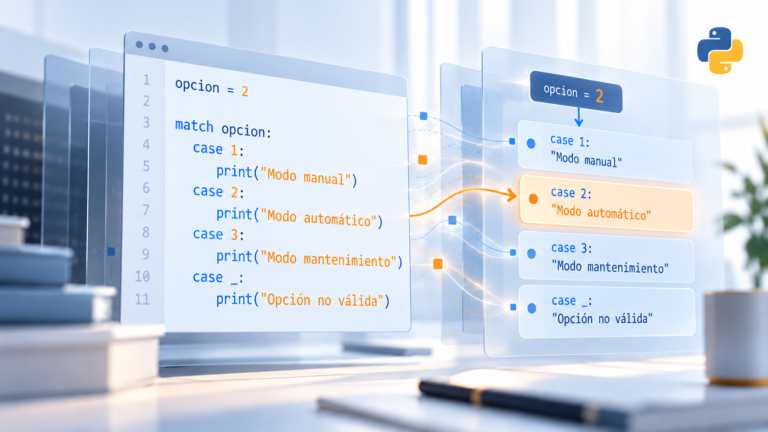Representación editorial de Python con una estructura match case que selecciona una opción entre varios casos.