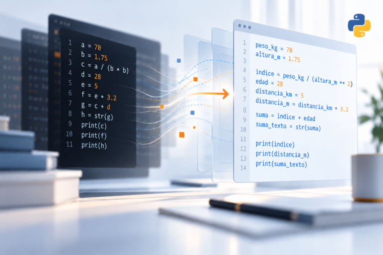 Representación editorial de código Python con variables, operaciones y transformación de datos, con el logotipo de Python.