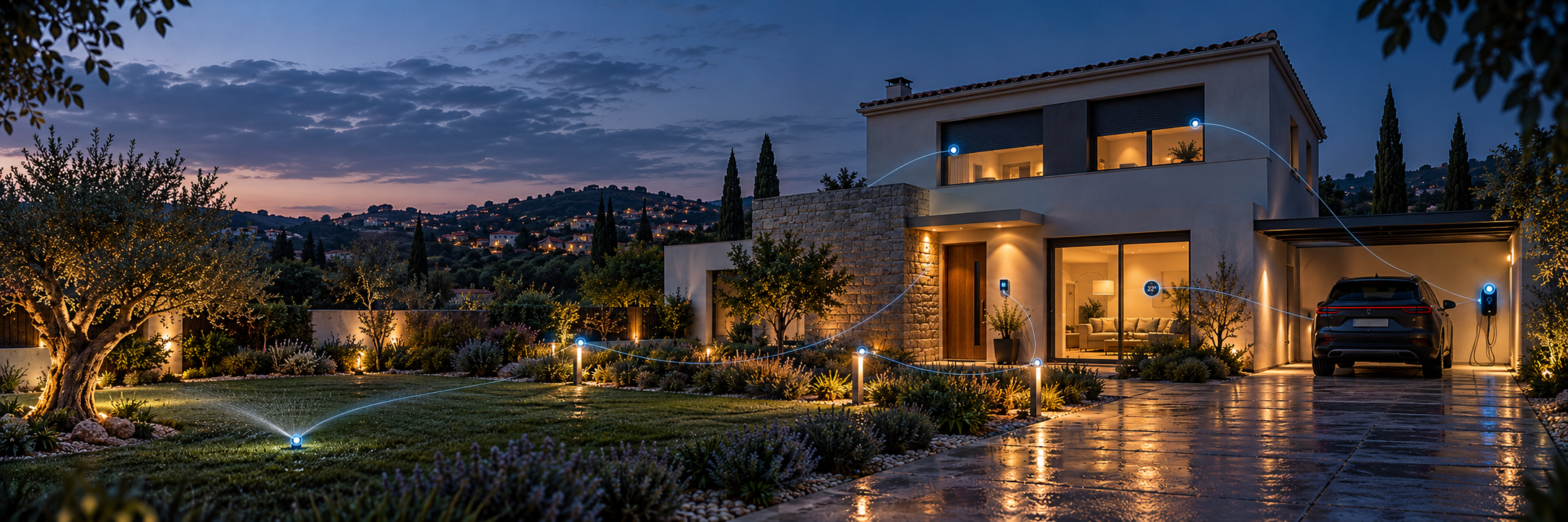 Casa contemporánea con jardín, riego, persianas, iluminación, climatización y cargador de coche conectados mediante discretas líneas y nodos azules.