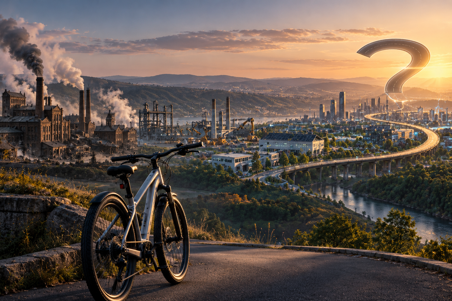 Bicicleta eléctrica ante el paisaje de la evolución industrial