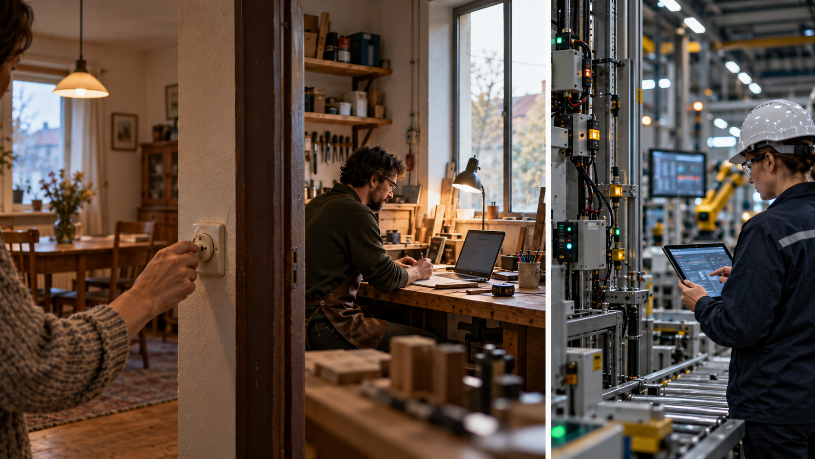 Contraste entre una vivienda con tecnología convencional, un pequeño taller parcialmente digitalizado y una fábrica conectada