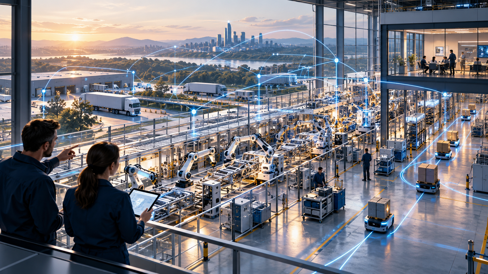 Vista panorámica de una fábrica industrial conectada, con maquinaria, personas y flujos de información entre producción, logística y sistemas de gestión.