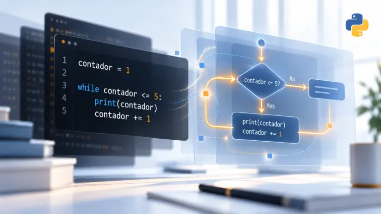 Python: bucle while para repetir instrucciones mientras se cumple una condición; imagen editorial de la lección.