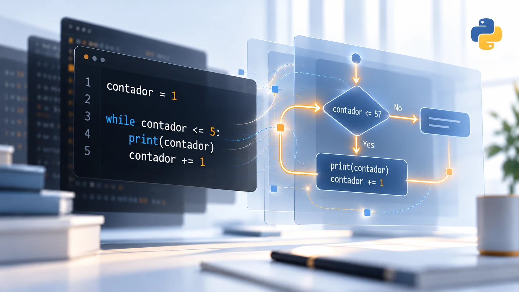 Python: bucle while para repetir instrucciones mientras se cumple una condición; imagen editorial de la lección.