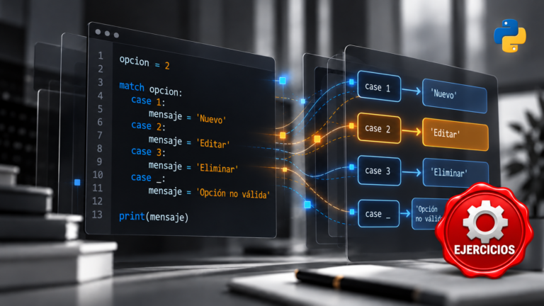 Ejercicios de Python sobre match y case con código en modo oscuro, diagrama de casos y sello rojo de ejercicios.