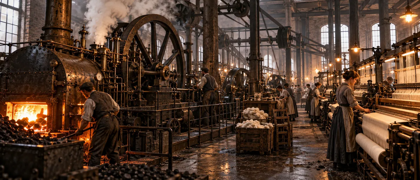 Fábrica de la primera revolución industrial con máquina de vapor, carbón y maquinaria textil