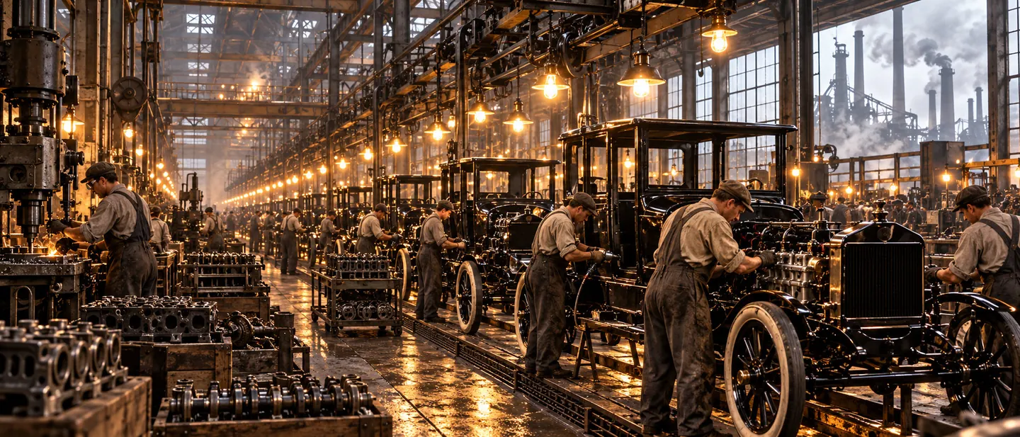 Fábrica de la segunda revolución industrial con montaje de automóviles en serie