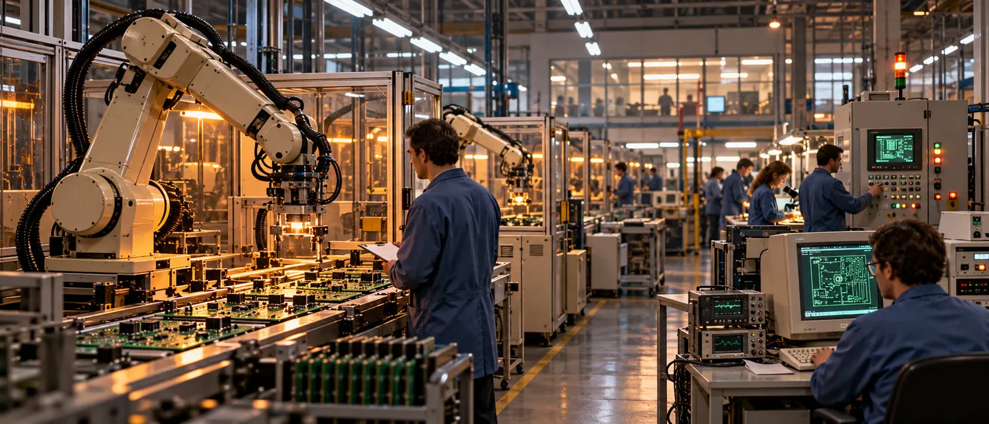 Fábrica de la tercera revolución industrial con electrónica, robótica y equipos de control