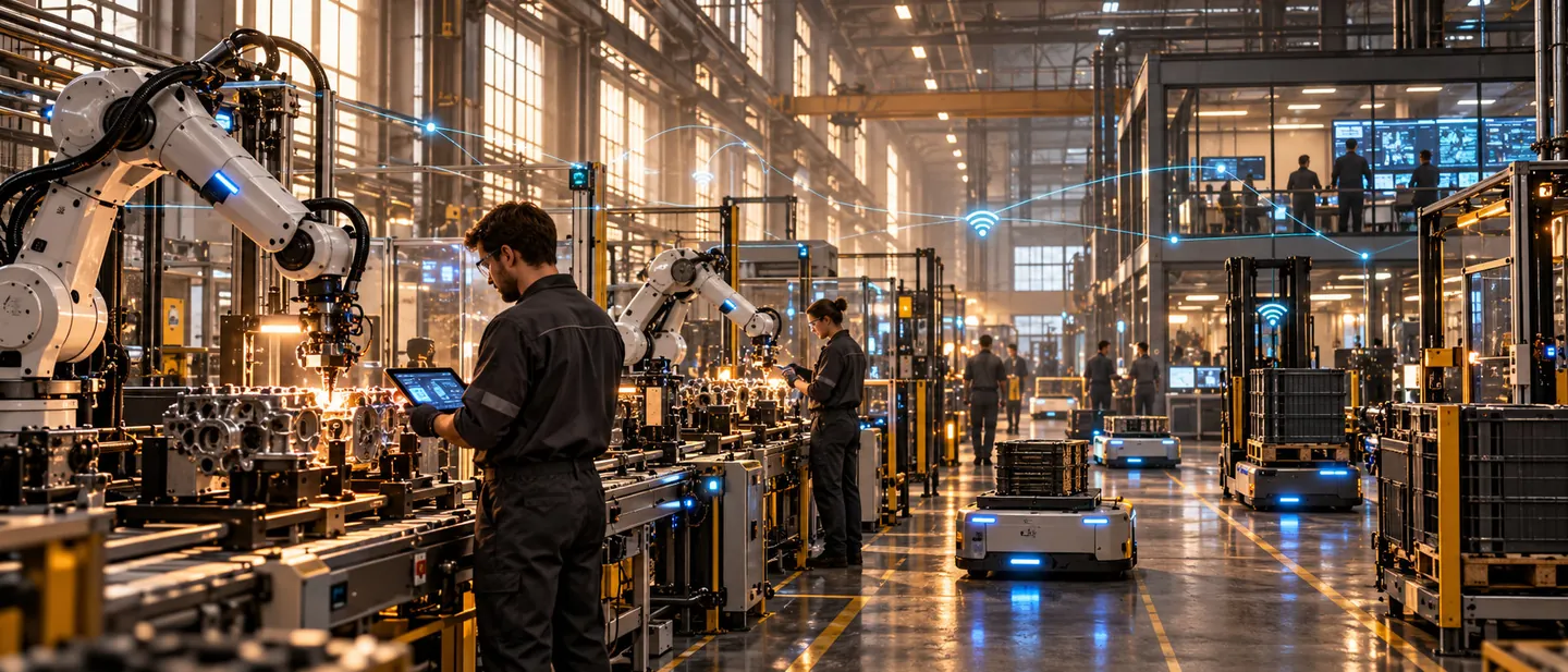 Fábrica moderna con robots, sistemas conectados, trabajadores y vehículos autónomos