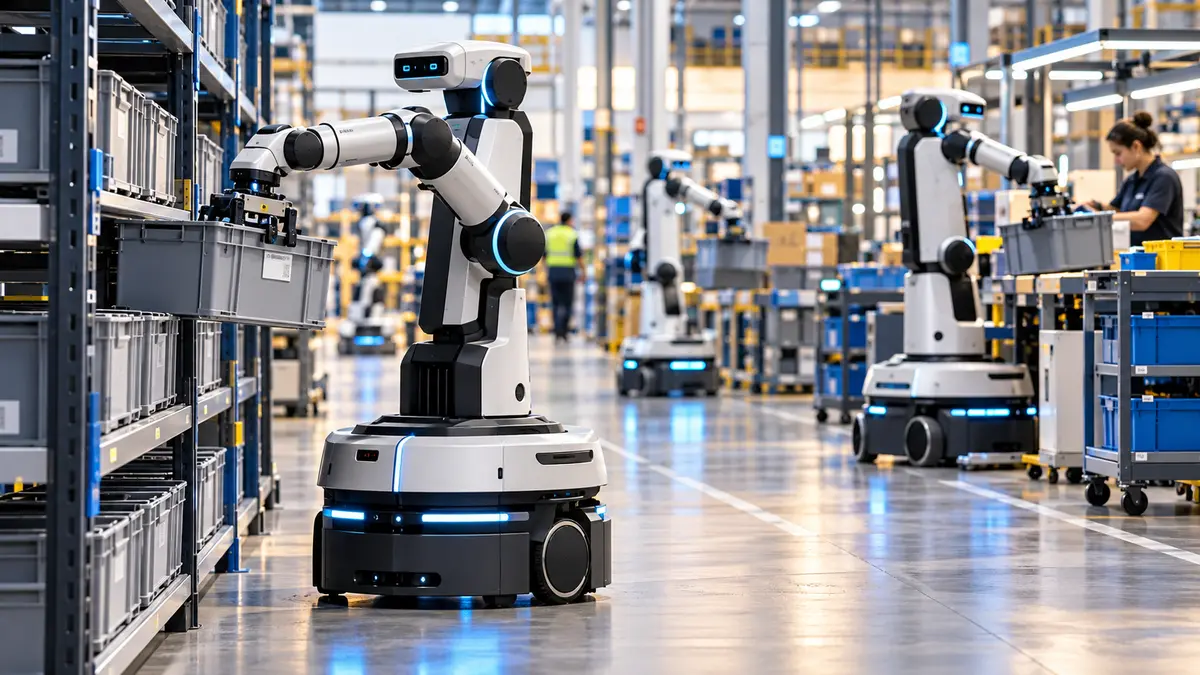 Recreación editorial de robots móviles con brazos articulados manipulando contenedores en un almacén automatizado