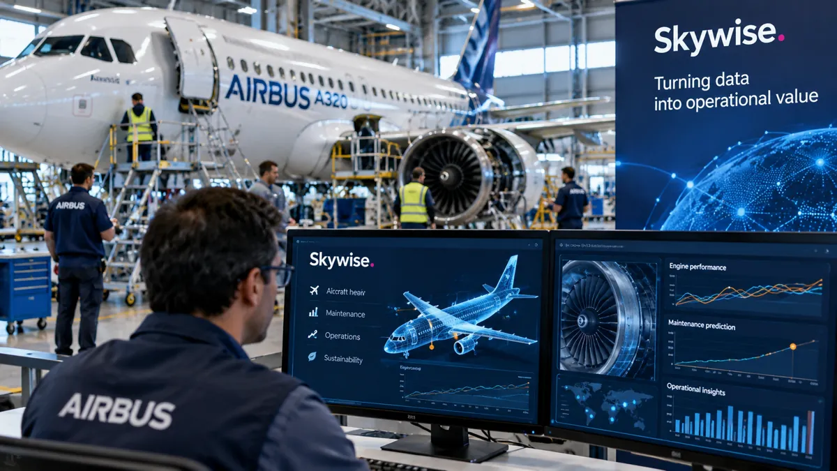 Recreación editorial de un avión Airbus en mantenimiento con sistemas de análisis de datos